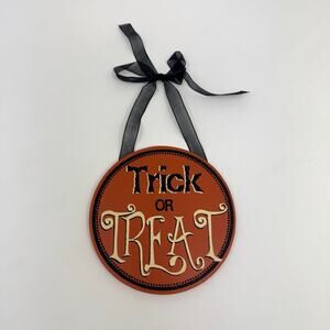 Hobby Lobby Halloween Trick or Treat Hanging Round Wood Sign Black Orange